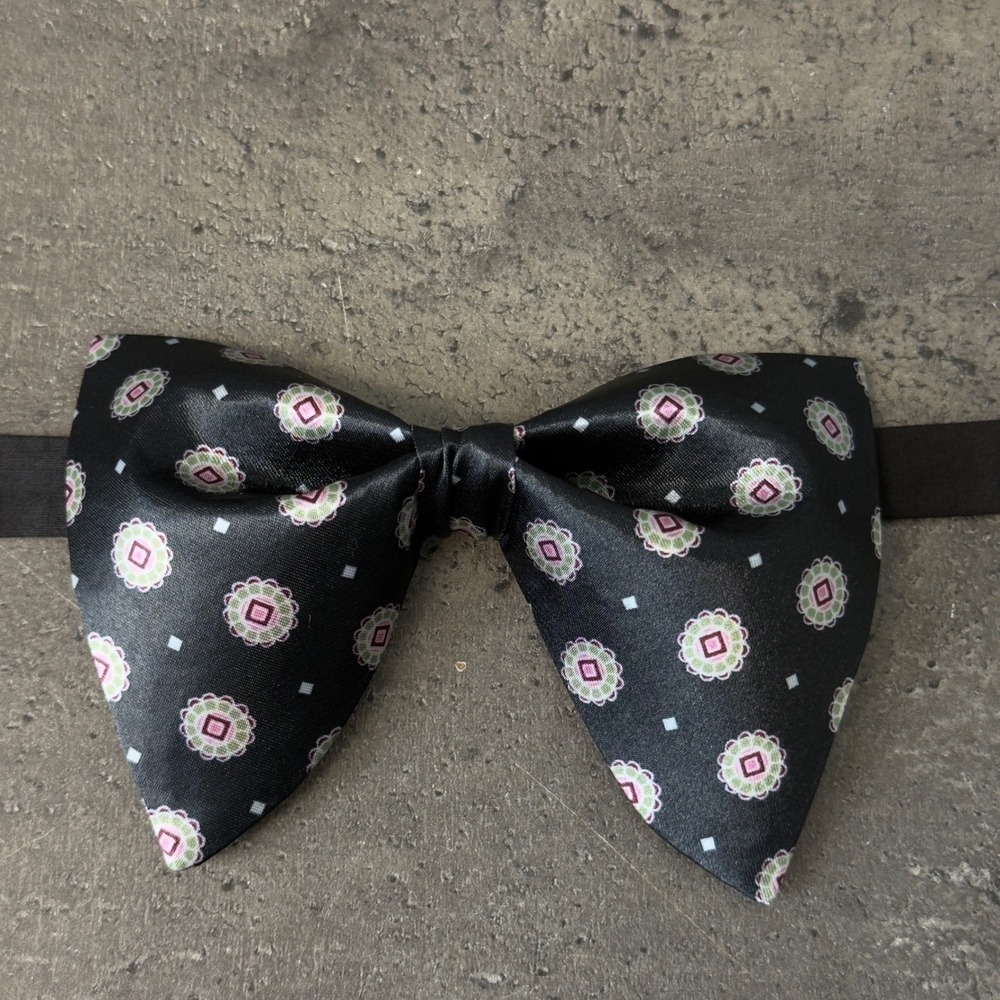 Mens Pre-Tied Bow Tie Black Pink Green Geometric Medallion Formal Adjustable
